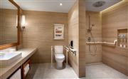 残疾人客房浴室大幅度提高空间感，方便的卫具，淋浴设施和宽大的安全台一应俱全  