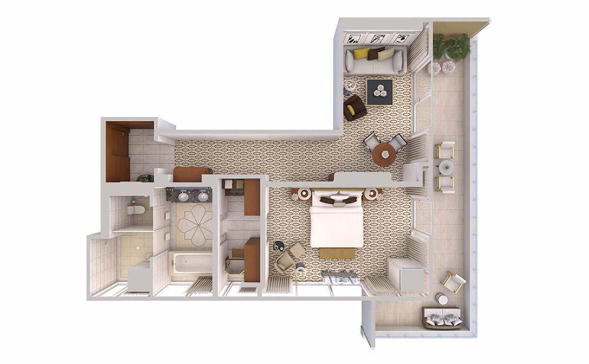 每间套房均设有豪华意大利大理石玄关,特大床,独立起居室和宽敞的步