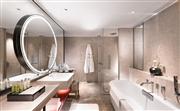 卫浴空间整体色调明亮，设计灵感来源于北京园林里常见的月亮门，以镜中镜的方式完善化妆镜的立面设计